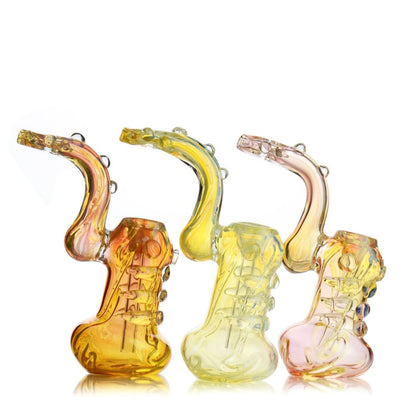 Three colorful Durable Glass Bubblers in orange, yellow, and pink with fixed percolator downstem