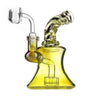 Yellow glass water pipe featuring a curved neck, bowl attachment, and functional design