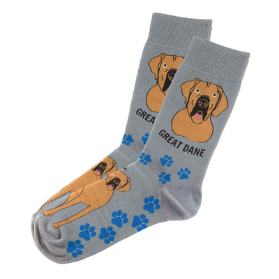 Great Dane Fun Crew Design Socks - Gray with Great Dane Dogs and Blue Paw Prints