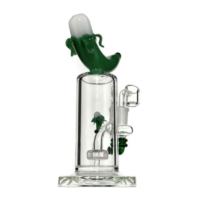 Banana dab rig with fixed showerhead percolator, sculpted banana mouthpiece, green ghost glass pipe