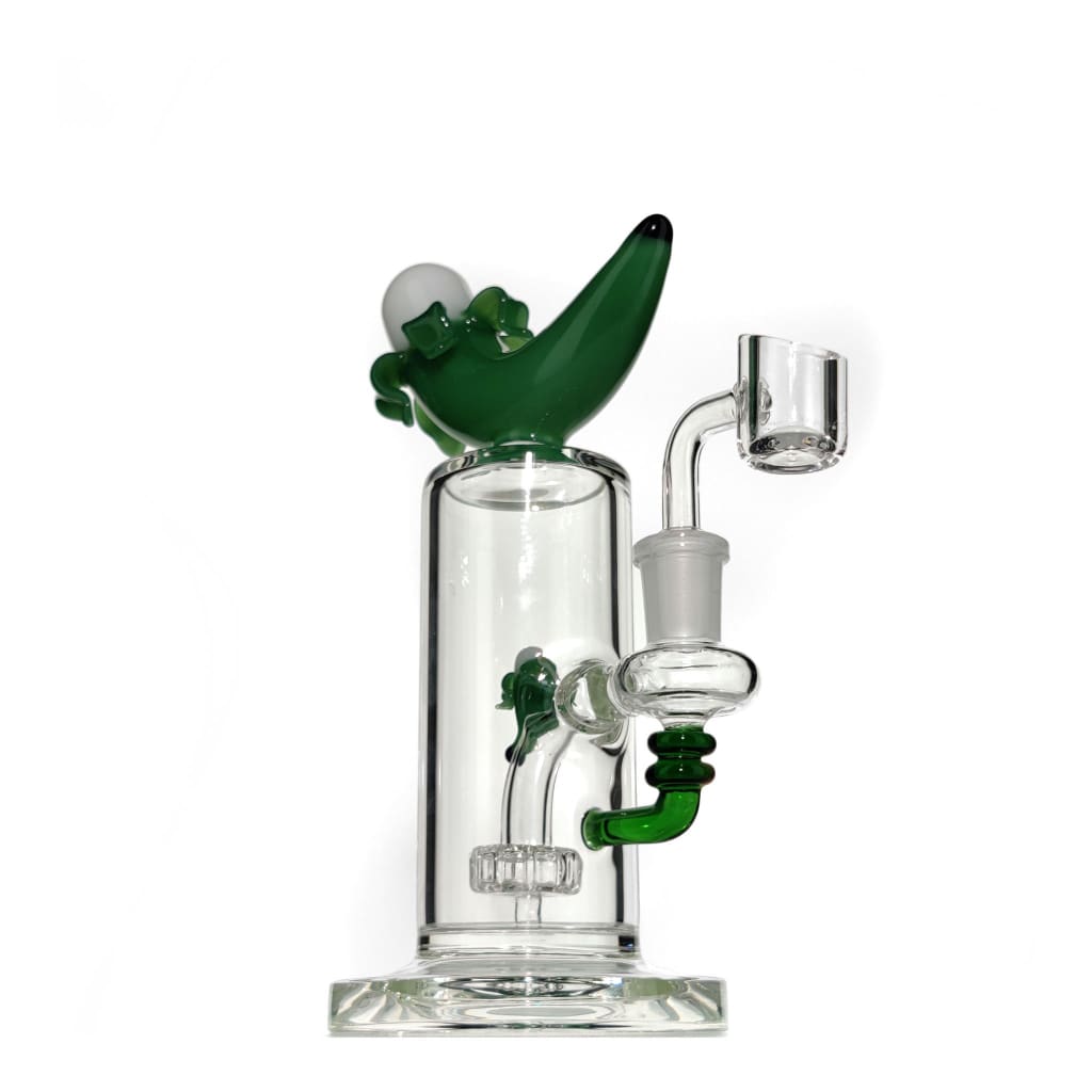 Banana dab rig with fixed showerhead percolator, sculpted banana mouthpiece, bird-shaped glass pipe with green accents