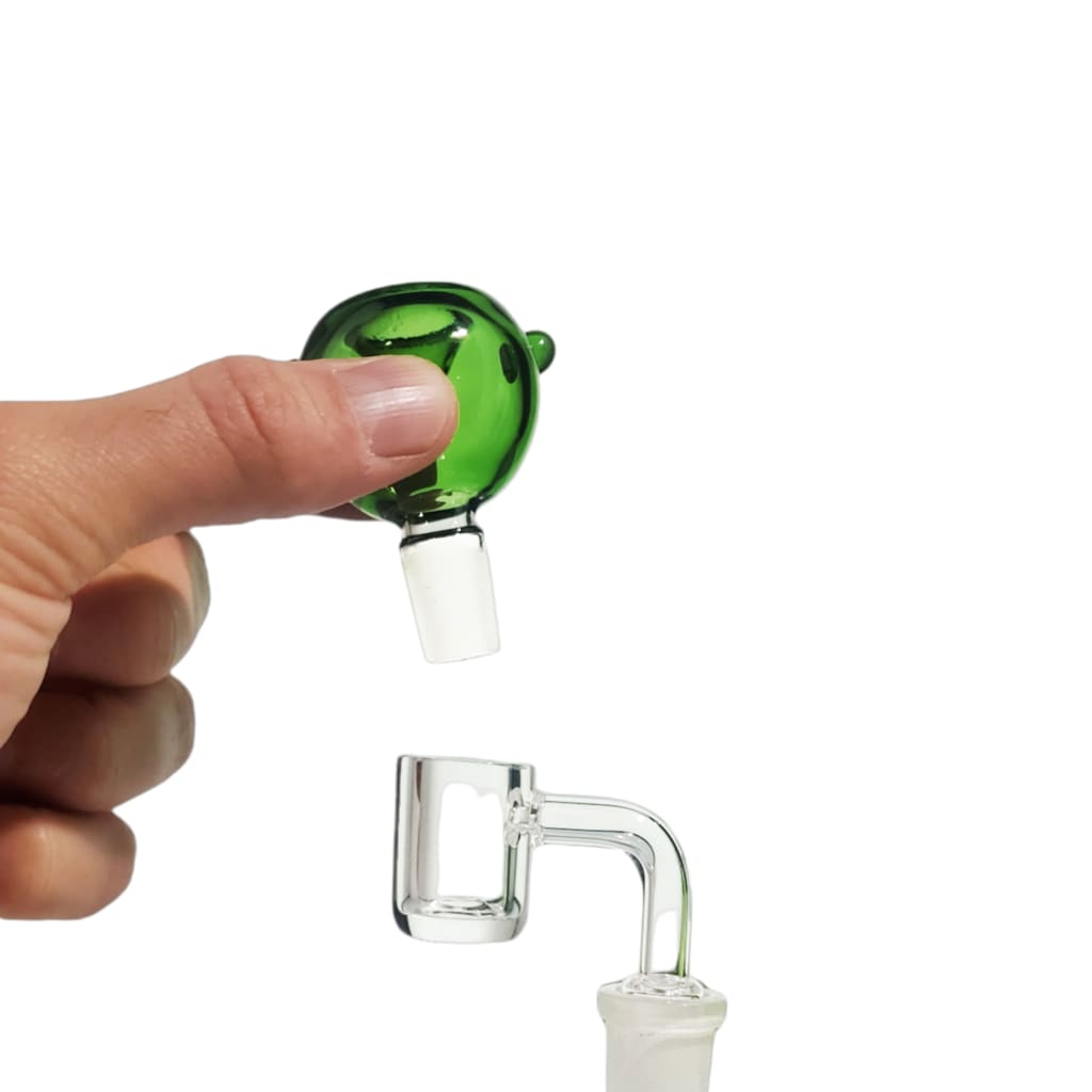 Green bubble carb cap for dab rig with Lion Rolling Circus glass banger bowl