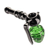 Eye-catching Grenade Bubbler Glass Pipe with a black glass stem and green grenade-shaped bowl