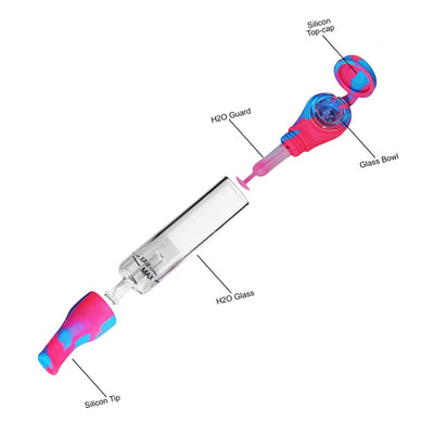 Disassembled Sunakin H2og Sunpipe water pipe in pink and blue silicone and glass