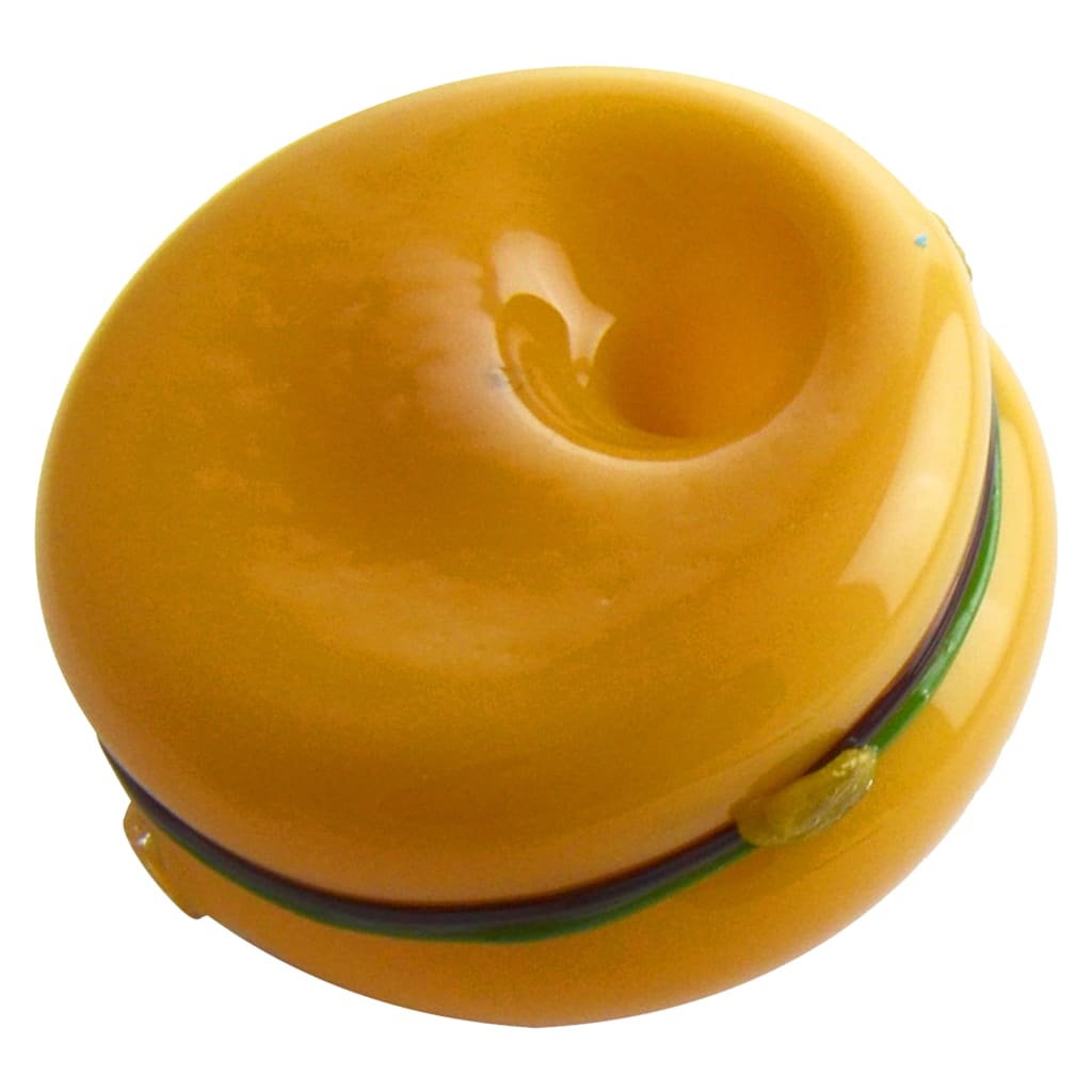 Vibrant yellow hamburger pipe, glossy glass hand pipe shaped like a burger