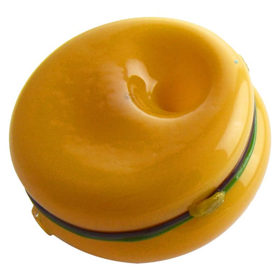Vibrant yellow hamburger pipe, glossy glass hand pipe shaped like a burger