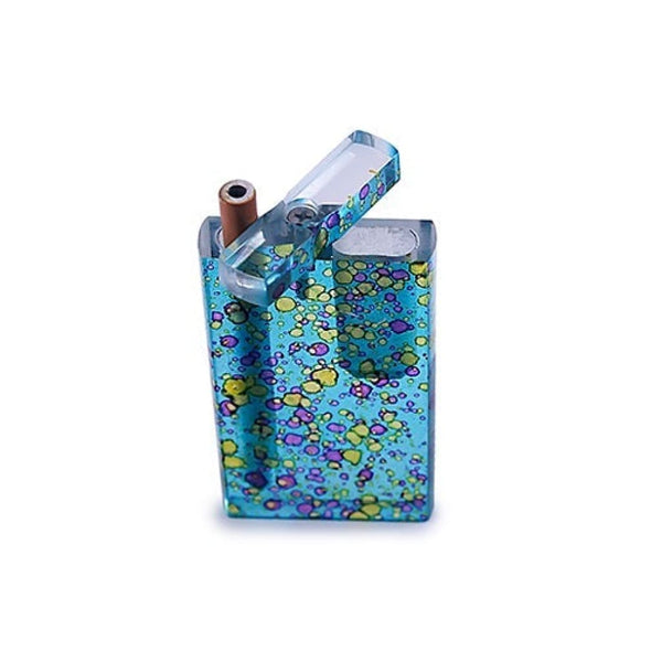 Handmade acrylic color splash dugout with a blue and yellow speckled smoking pipe