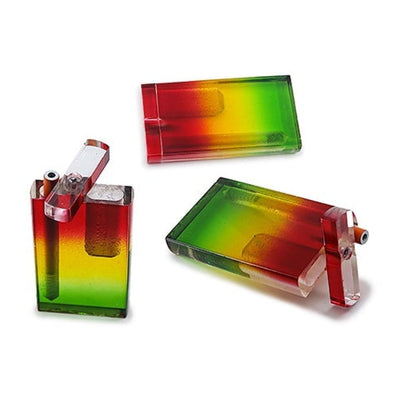 Handmade acrylic rasta dugouts featuring vibrant red, yellow, and green gradient designs