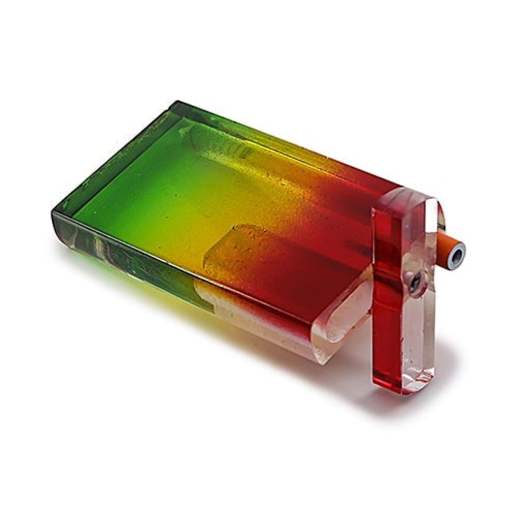 Handmade acrylic rasta dugout with green to red gradient design in a rectangular shape