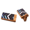 Handmade wooden dugout with geometric chevron cigarette case and tan leather trim