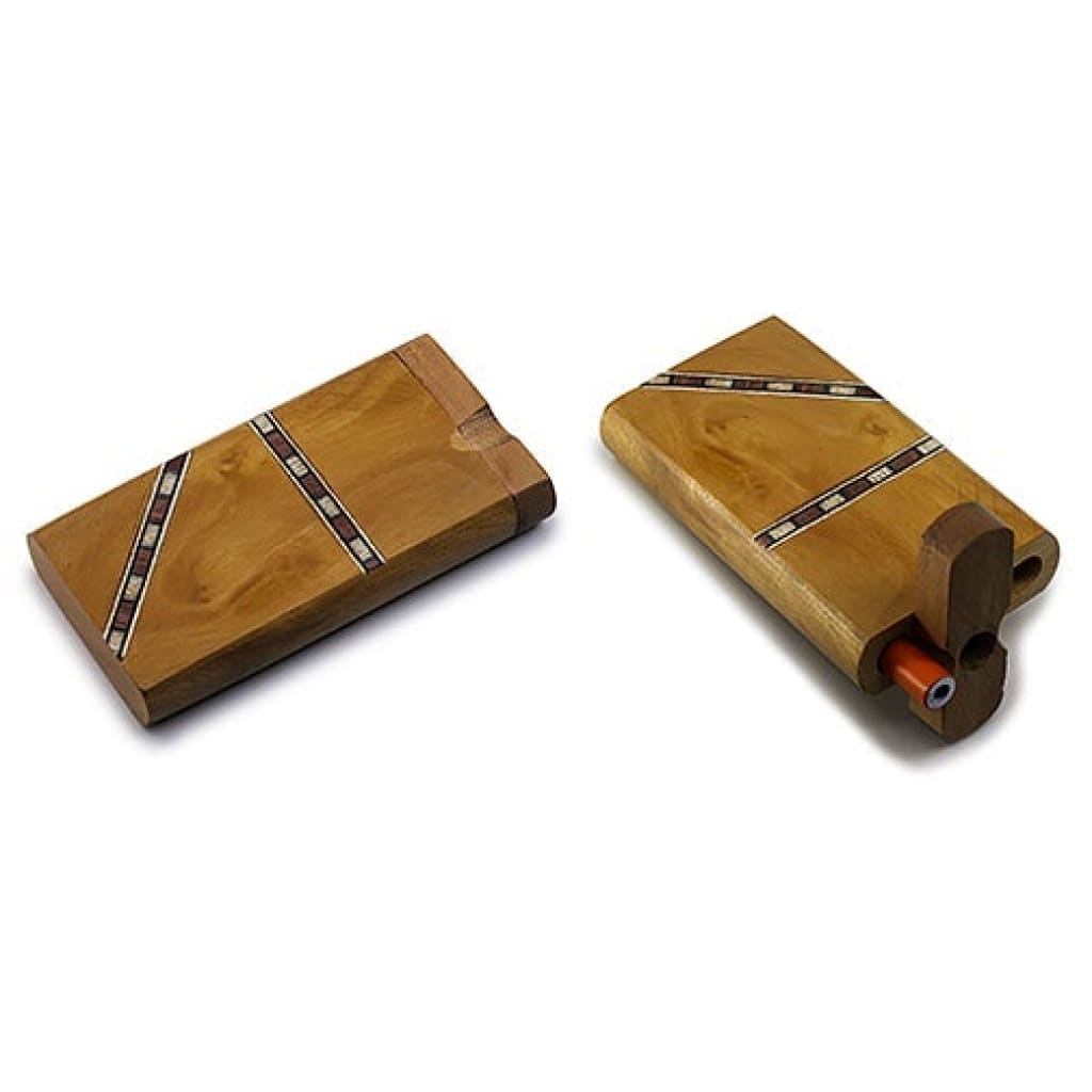 Handmade wooden unparallel dugout with inlaid stripes and sliding compartment for storage