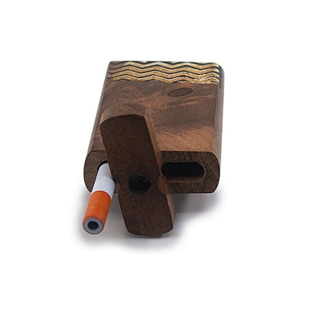 Handmade wooden wave pattern dugout pipe with carved design and cigarette inserted