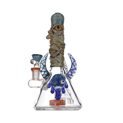 Heady glass Banger Hanger Style Beaker Bong with blue accents and eye designs