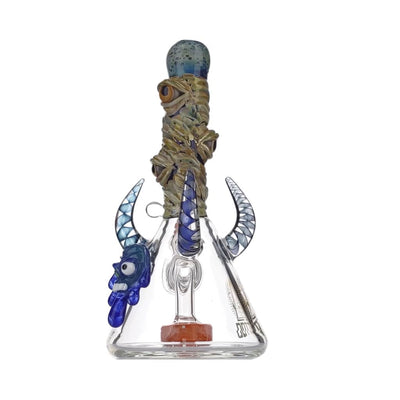Heady glass Banger Hanger style beaker bong with blue accents and slit showerhead percolator