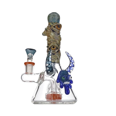 Heady glass Banger Hanger style Beaker Bong with blue and gold accents and slit showerhead percolator