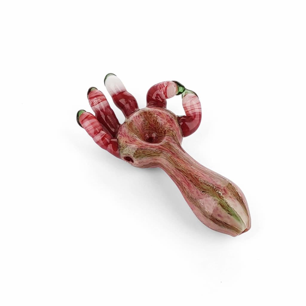 Heady Zombie Hand Pipe - Brightly-Colored Glass Pipe with red and pink swirled hand design