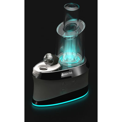 High Five Duo E-rig: Futuristic dual-use vaporizer with glowing blue lights for concentrates & flowers