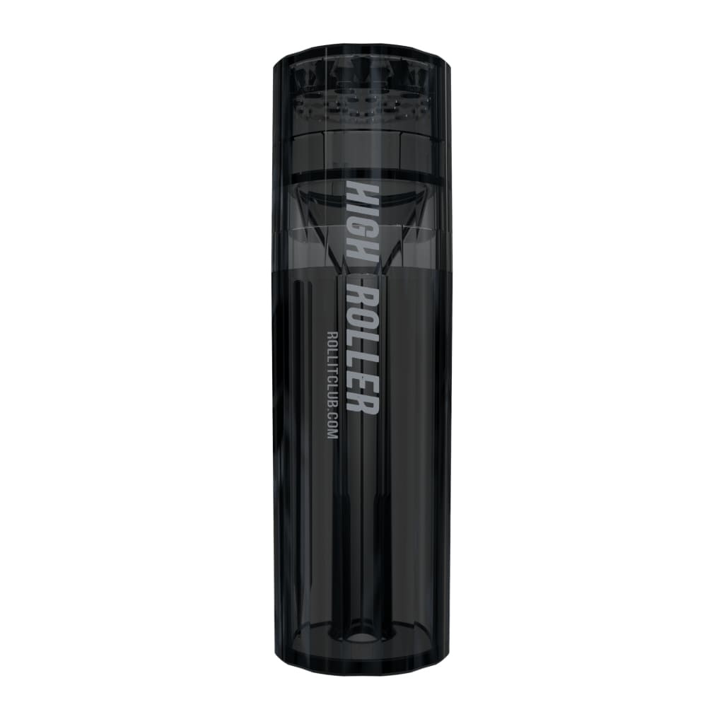 Black cylindrical container labeled ’Night Roller’ for grinding and packing rolling paper