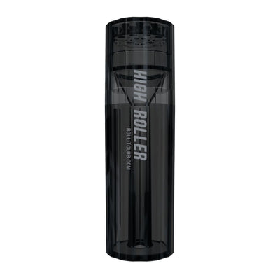 Black cylindrical container labeled ’Night Roller’ for grinding and packing rolling paper