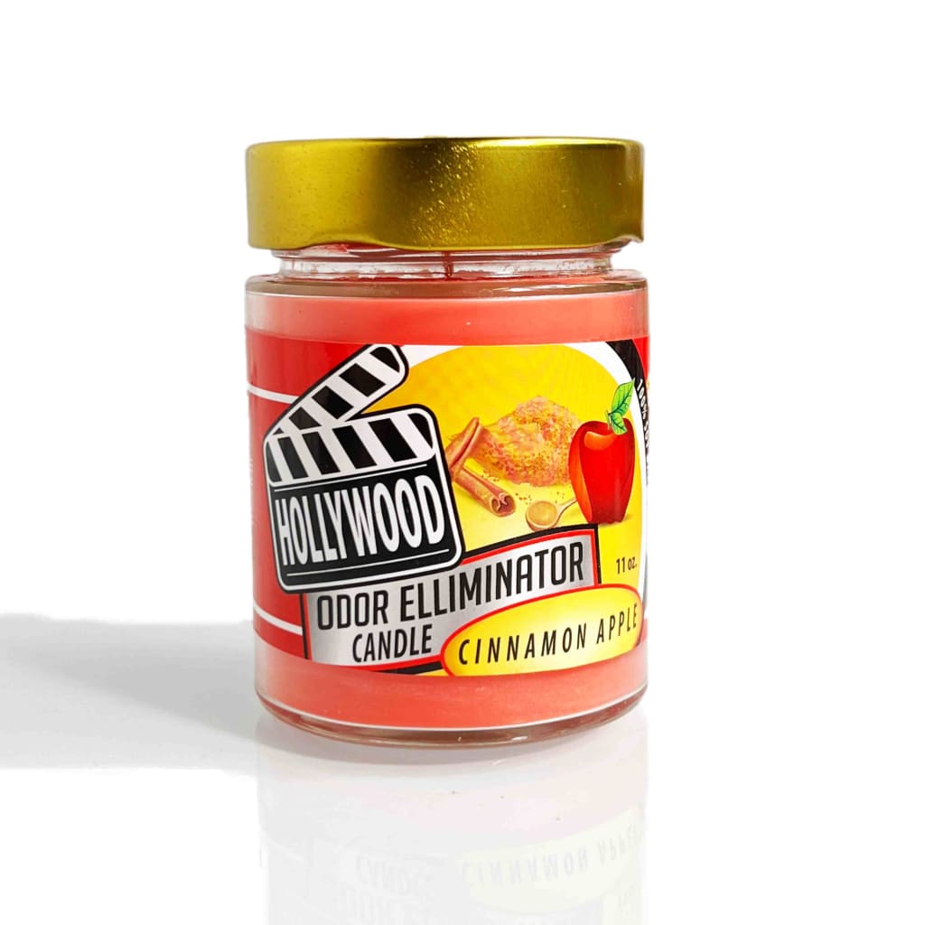 Cinnamon apple scent candle in glass jar, Hollywood odor eliminator to eliminate bad odors