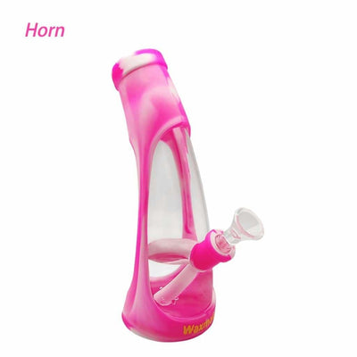 Waxmaid Horn Silicone Glass Water Pipe - Pink, Unique Curved Shape with Small Stem