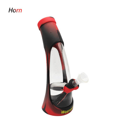 Uniquely shaped red and black Waxmaid Horn Silicone Glass Water Pipe with curved neck