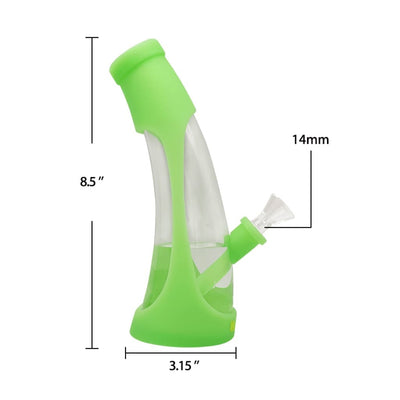 Lime green Waxmaid Horn silicone glass water pipe with measurements displayed