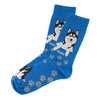 Fun Husky Crew Design Socks - Bright blue with Husky dog designs and paw prints