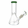 Clear glass beaker with green colored mouth piece and angled stem, 8 inches tall