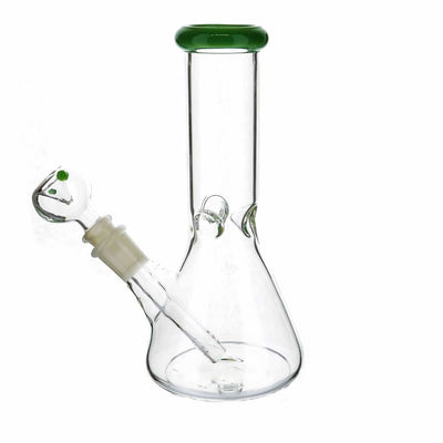 Clear glass beaker with green colored mouth piece and bowl - 8’ tall water pipe