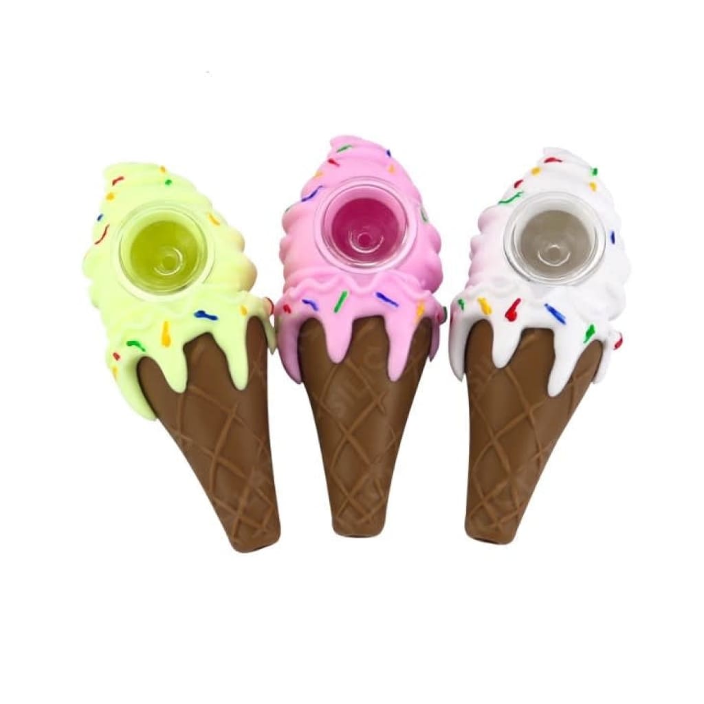Three colorful ice cream cone silicone pipes with vibrant scoops