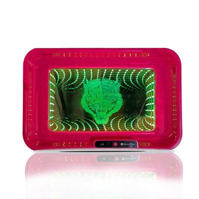 Full-sized Infinity Mirror Rolling Tray with RGB lights featuring green holographic tiger head