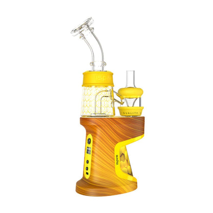 Ispire Daab: Innovative electronic dab rig with yellow, wood-grain design, and digital controls