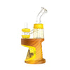 Uniquely designed Ispire Daab glass water pipe with yellow accents and wooden-patterned base