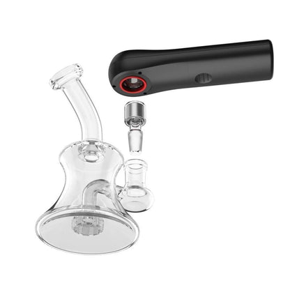 Clear glass bong with black and red mouthpiece in Ispire Sleek Portable E-torch Dab Kit