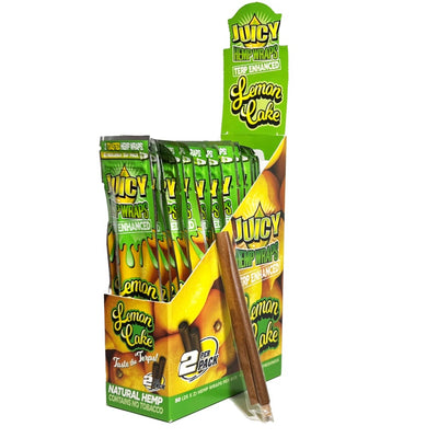 Box of Juicy Jays-terpene infused hemp wraps Lemon Cake flavor, individual wraps displayed