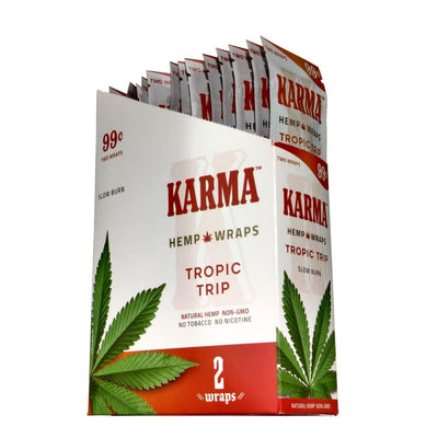 Display box of Karma Hemp Wraps in Tropic Trip flavor for legal blends with packing straws