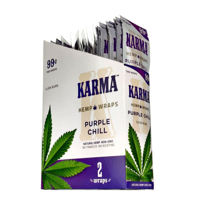 Karma Hemp Wraps in Purple Chill flavor for legal blends, featuring packing straws