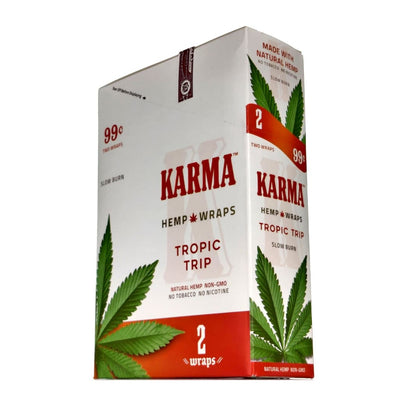 Box of Karma Hemp Wraps, Tropic Trip flavor, for legal blends with packing straws