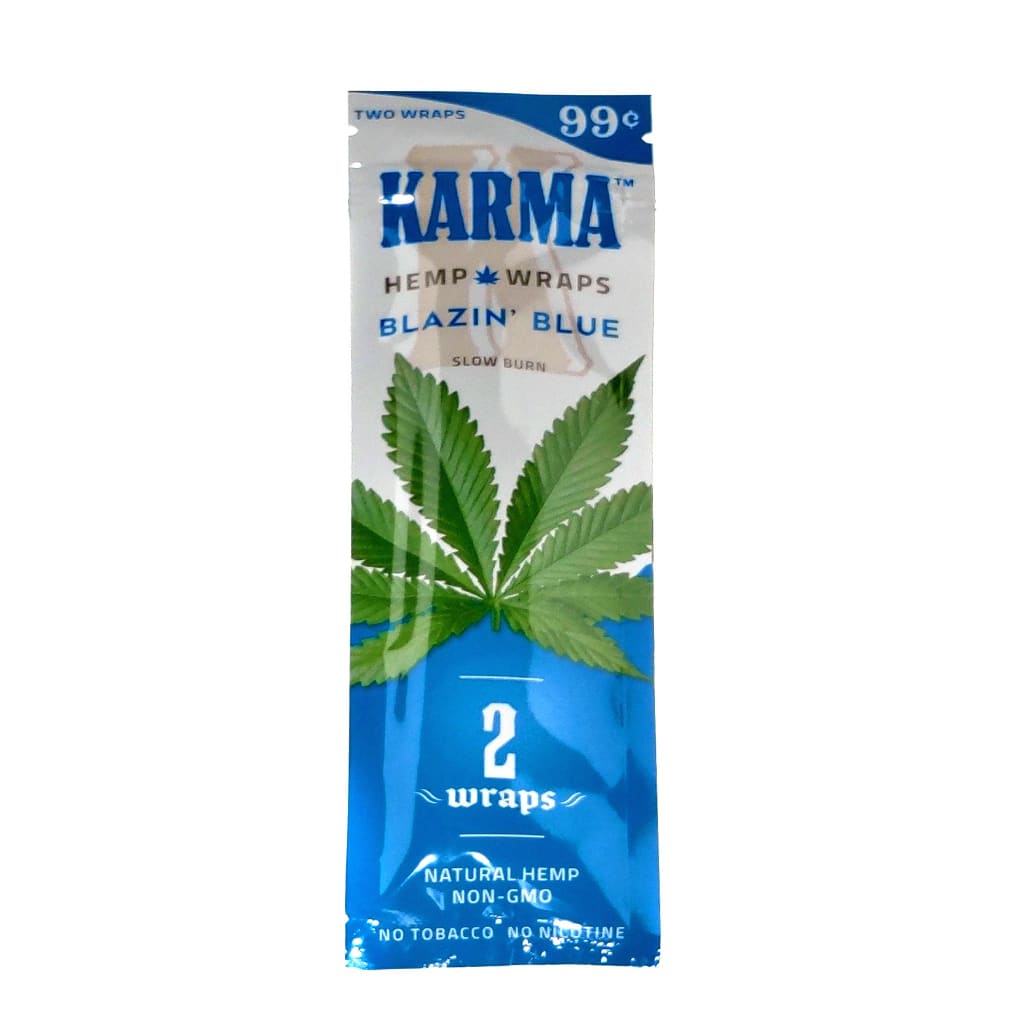 Package of Karma hemp wraps in Blazin’ Blue flavor for legal blends with packing straws