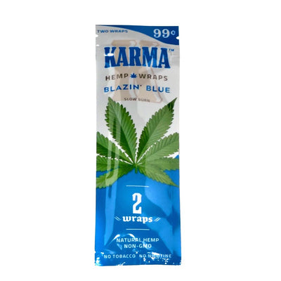 Package of Karma hemp wraps in Blazin’ Blue flavor for legal blends with packing straws