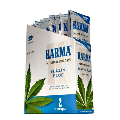 Karma Hemp Wraps in Blazin’ Blue flavor for clean legal blends with packing straws