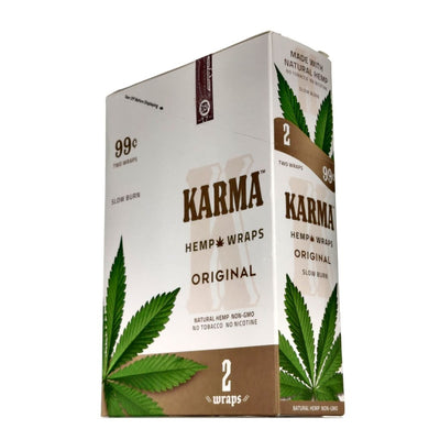 Karma Hemp Wraps package for legal blends with packing straws and cannabis leaf imagery