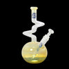 Ornate kinky water pipe with dual zong kinks and yellow liquid in spherical base