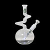 Compact kinky water pipe with two zong kinks and green logo on curved neck and spherical base