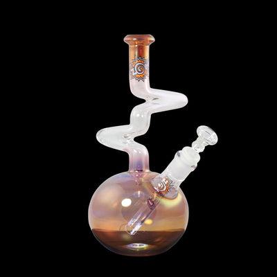 Compact kinky water pipe with spherical base and zong bong design showcasing two zong kinks