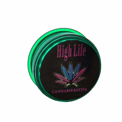 Green and black herb grinder leaf print featuring High Life Cannabis Sativa design