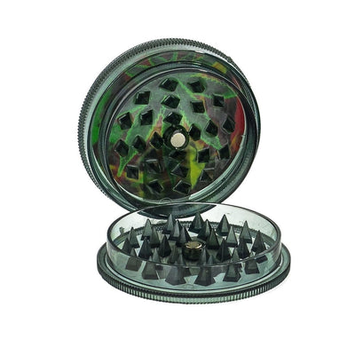 Clear plastic herb grinder leaf print with sharp teeth and magnetic lid design