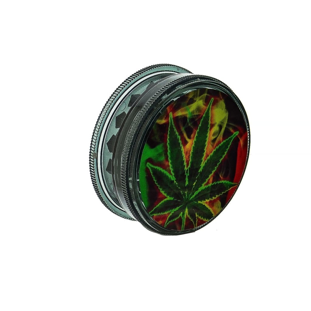 Acrylic Herb Grinder Leaf Print featuring a cannabis leaf design on the lid