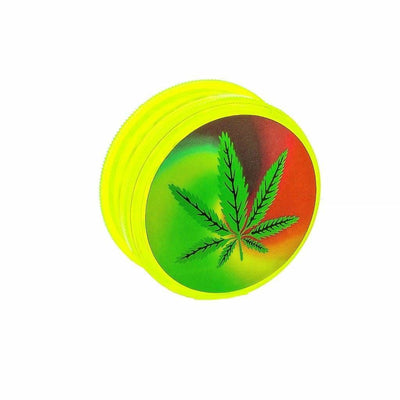 Neon yellow Acrylic Herb Grinder with cannabis leaf print design on top